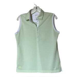 Kate Lord Performance Green and White Striped Sleeveless Polo Golf Shirt Size M